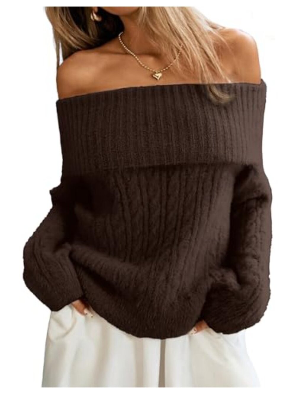 Womens Off Shoulder Cable Knit Oversized Sweater Soft Pullover Fall Winter